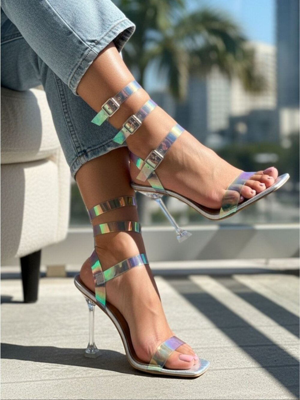 Holographic Strappy Heels With Clear Stiletto & Adjustable Buckles For Women